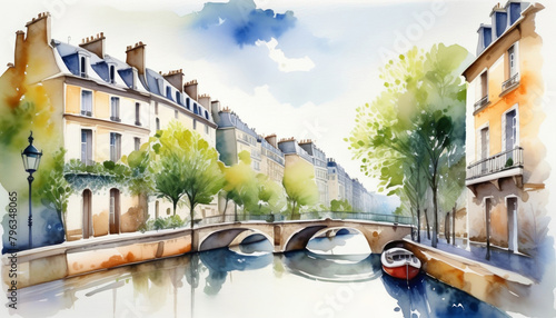 Idyllic Parisian street with classical buildings and stone bridge over Seine River in watercolor, perfect for travel, romance, and European culture themes