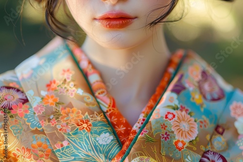 A woman wearing a kimono with a trim and a colorful flower design