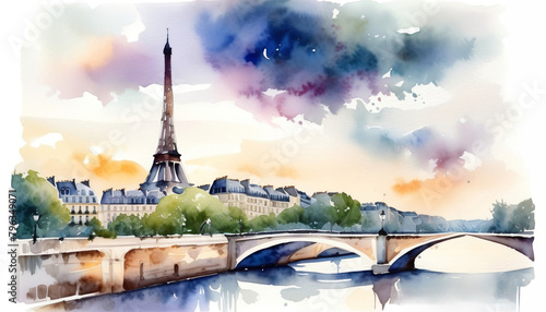Colorful watercolor painting of the Eiffel Tower and Seine River at sunset, ideal for Paris travel themes and Bastille Day promotions