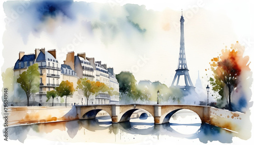 Watercolor illustration of Parisian skyline with Eiffel Tower and Seine River, ideal for travel and romance themes, related to Bastille Day and European culture