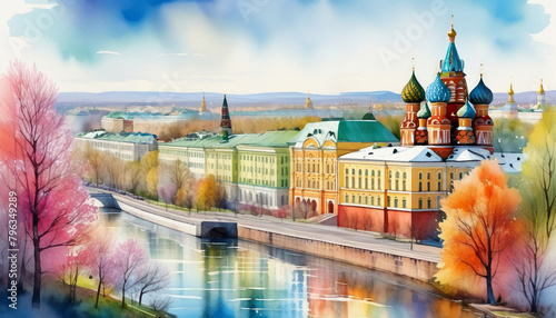 Scenic autumn view of the Moscow Kremlin with colorful foliage, reflecting in the Moskva River, ideal for travel and cultural themes related to Russia