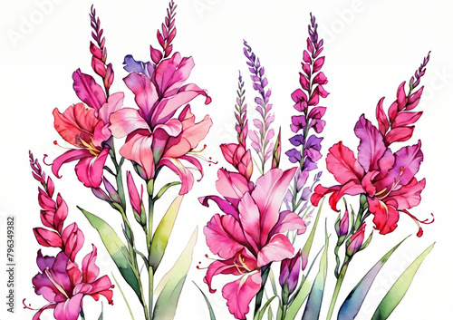 Vibrant watercolor illustration of pink and purple gladiolus flowers, perfect for Mother's Day and spring-themed designs or greeting cards
