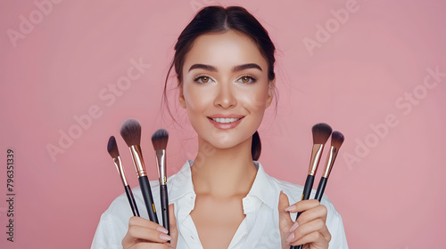 young girl makeup artist in a white shirt with makeup brushes in her hand close-up on a pink background with copy space, , fashion, model, beauty,