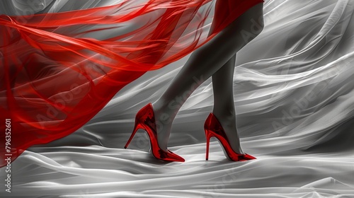 Striking red stilettos caught mid-motion in a dynamic pose on a bicolor backdrop