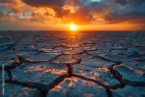 The stark contrast of cracked earth against a fiery sunset sky, depicting themes of climate change and drought