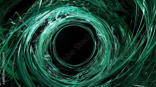 Emerald tendrils evoke dynamic motion within circular black space.