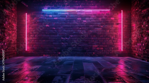 A dark, grunge brick wall room lit by futuristic neon lights, creating a striking contrast for an atmospheric 3D rendered background