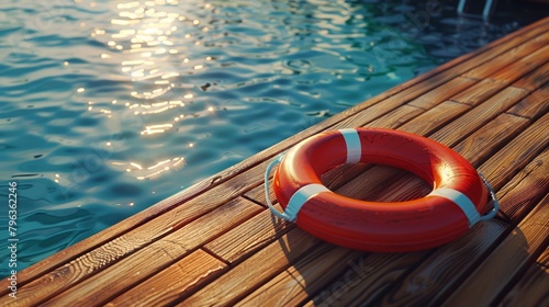Poolside scene with vibrant lifebuoy resting on warm toned wooden slats