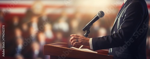 Dynamic image of a man giving a campaign speech, background softly out of focus to highlight his engagement and energy in the political scene