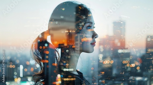 Double exposure of a Businesswoman wearing suit and a modern city building of financial district and commercial
