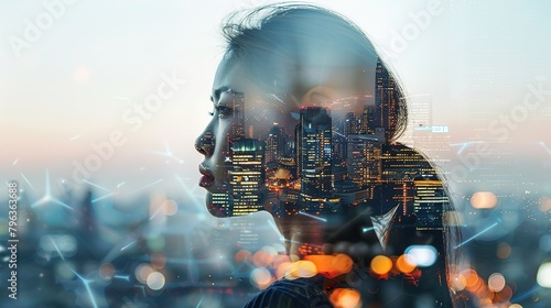 Double exposure of a Businesswoman wearing suit and a modern city building of financial district and commercial