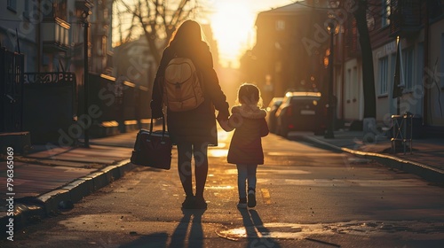 mother and daughter go to school together, real photo, morning light, street, walking 