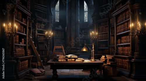 Historic study room with wooden bookshelves and desk ai generated illustration