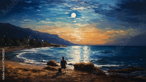a man sitting on a beach looking at the moon