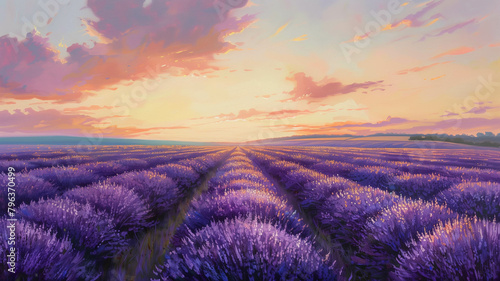 A panoramic view of a lavender field stretching to the horizon, bathed in the warm glow of sunset, reminiscent of the pastoral landscapes of Claude Monet. Ai generated