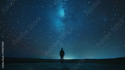 A silhouette of a person standing under a vast night sky illuminated by millions of stars, conveying awe and insignificance. Ai generated