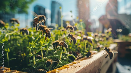 Bees collecting nectar from flowers in an urban garden