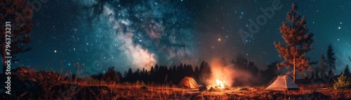 /imagine: prompt: A beautiful night sky full of stars with a campfire and two tents under the stars