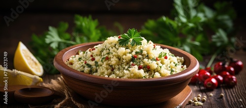 Bowl of couscous topped with lemon wedge and parsley