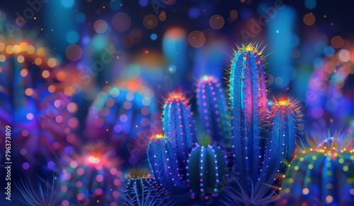 Ilustración cactus iluminados con luces de colores vibrantes