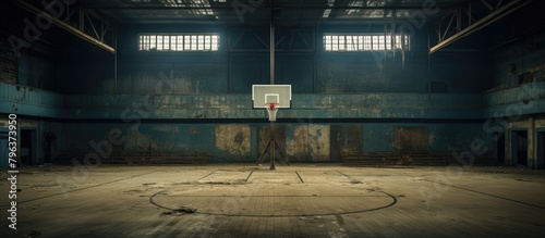An abandoned basketball court featuring a solitary hoop