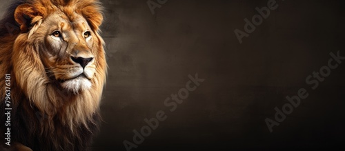 A lion's fierce gaze on a dark backdrop