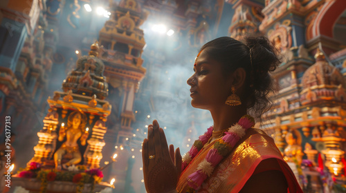 A woman holds an upright position at the Main Festival of Thaipusam inside a majestic Hindu temple, the backdrop is decorated with statues of deities and shining decorations, Ai generated Images