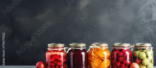 A row of jars with fruits and veggies