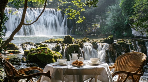 A peaceful afternoon tea set up near a forest waterfall, with a small table, chairs, and a picturesque view 