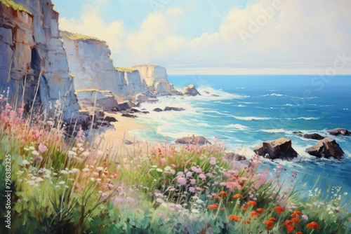 Coastal cliff landscape painting promontory.