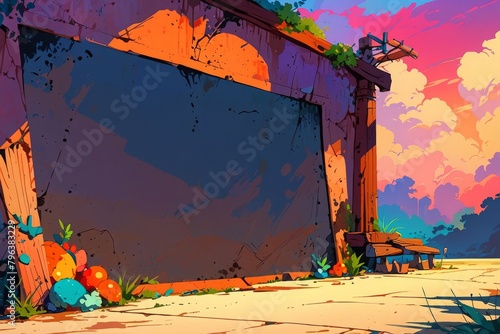 illustration of a bare wall on sunset, mock up, banner