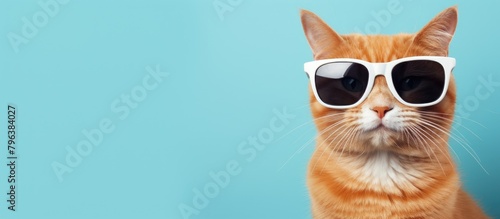 Cat in sunglasses on blue backdrop