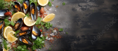 Plate of steamed mussels with lemon and herbs