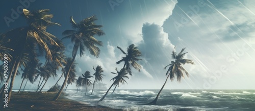 Palm trees beach waves tropical