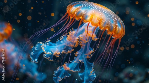 An ethereal dance of jellyfish, their orange tendrils a contrast to the deep blue, captures nature's silent ballet, AI Generative.