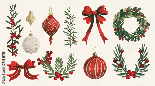 Arrangement of Christmas ornaments and bows Vector illustration