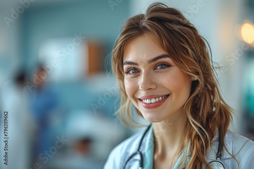 A cheerful young female doctor with an inviting smile in a hospital setting, radiating friendliness