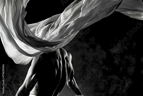 Black and white artistic photo capturing a male torso with a flowing fabric, expressing movement and form. 