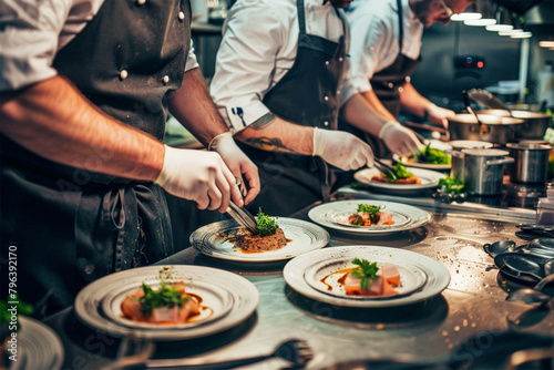 A team of chefs preparing a delectable dish in a professional kitchen.