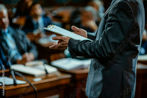 A lawyer presenting a case in a courtroom filled with legal documents and tense energy.