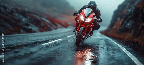 A motorcycle rider speeding on a road, Generative AI