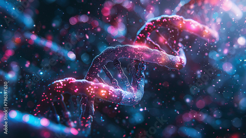 A glowing pink double helix representing DNA on a dark blue background