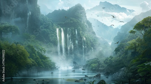 A sweeping view of a towering waterfall in the heart of a lush forest, with light mist rising and birds flying across the scene -