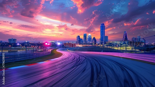 Illuminated race track at dusk with urban skyline glowing in the distance