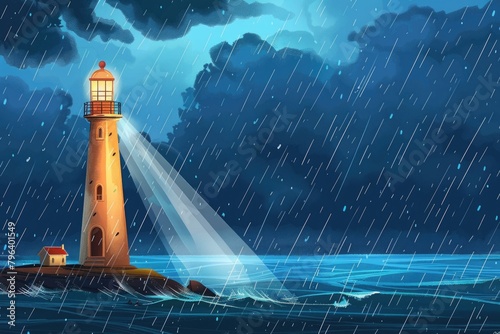 A lighthouse standing in the middle of the ocean under a cloudy sky. Suitable for maritime themes