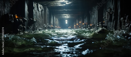 Dark underground tunnel with lights and smoke.