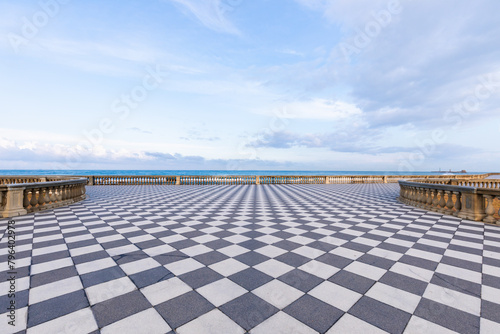 Livorno, Italy. Famous Mascagni Terrace - Terrazza Mascagni - with chess geometry pattern pavement