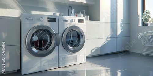 A modern washer and dryer set in a clean white room. Perfect for home appliance or interior design concepts