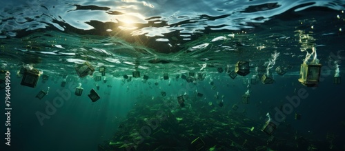 Underwater view of the sea with lots of trash, Plastic bottles floating in the water. Plastic pollution concept.