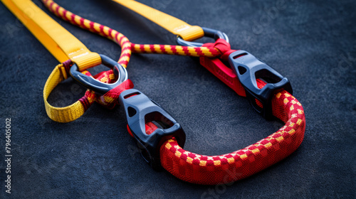 A red and yellow rope is tied to a black object. The rope is tied in a way that it looks like a handle